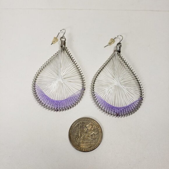 Handcrafted Silver Wire Teardrop Earrings White Purple Thread Accent – Jewelry - Picture 8 of 9